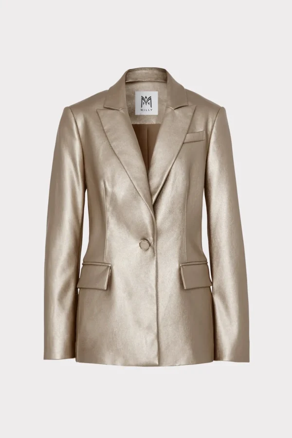 Blazers-MILLY Alexa Vegan Leather Blazer Silver