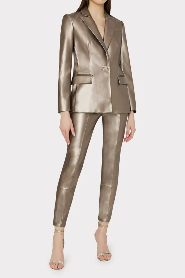 Blazers-MILLY Alexa Vegan Leather Blazer Silver
