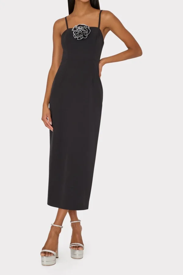 allison_d_rosette_cady_mi_1-3.webp Cocktail Dresses-MILLY Allison 3D Rosette Cady Midi Dress Black