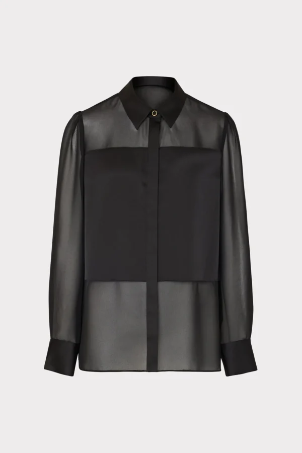 Jumpsuits & Rompers-MILLY Andy Satin Combo Button Up Blouse Black