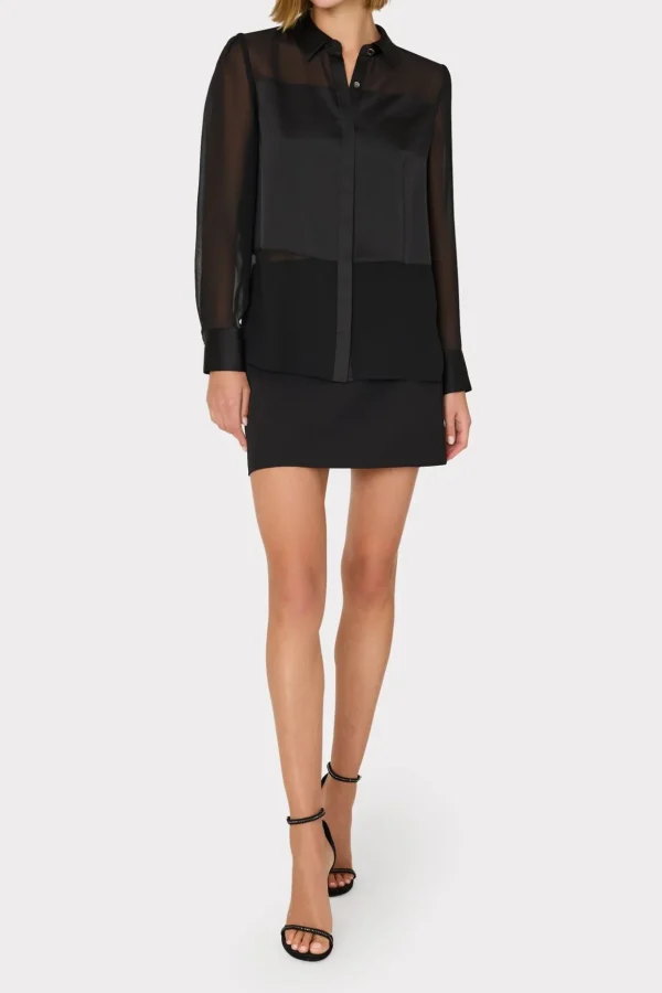 Jumpsuits & Rompers-MILLY Andy Satin Combo Button Up Blouse Black