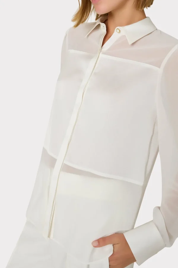 Jumpsuits & Rompers-MILLY Andy Satin Combo Button Up Blouse White