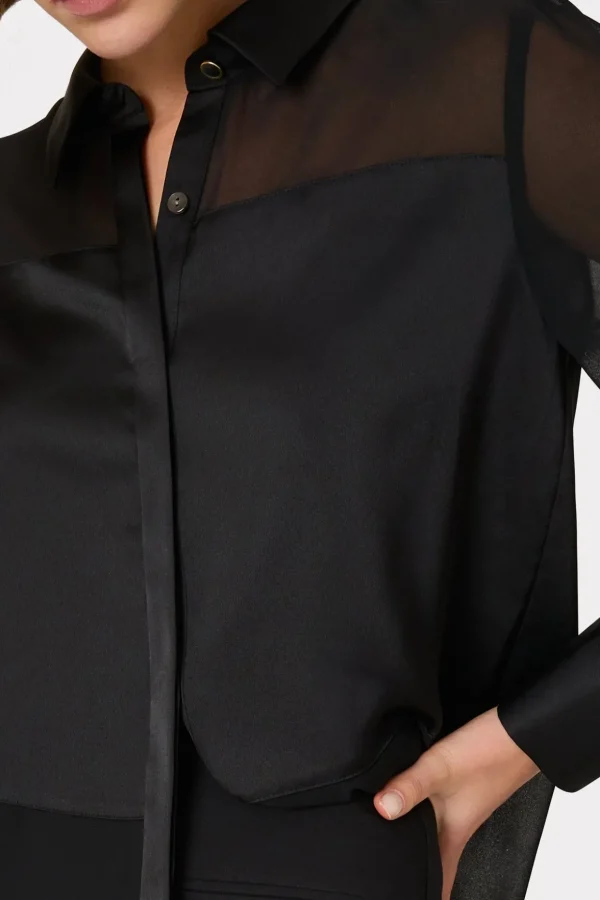 Jumpsuits & Rompers-MILLY Andy Satin Combo Button Up Blouse Black