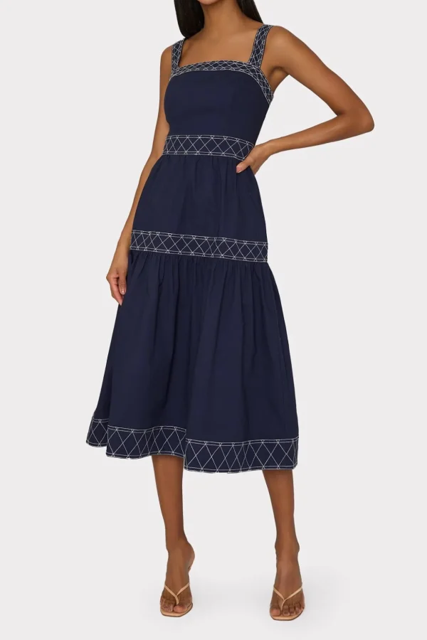 Day Dresses-MILLY Annette Poplin Midi Dress Navy