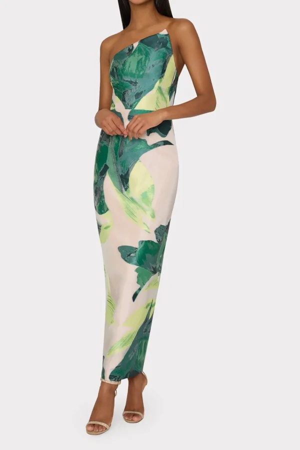 Jumpsuits & Rompers-MILLY Asymetrical Tropical Forest Jacquard Midi Dress Green Multi