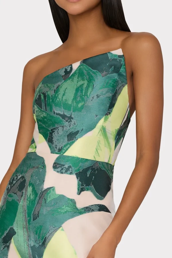 Evening Gowns-MILLY Asymetrical Tropical Forest Jacquard Midi Dress Green Multi