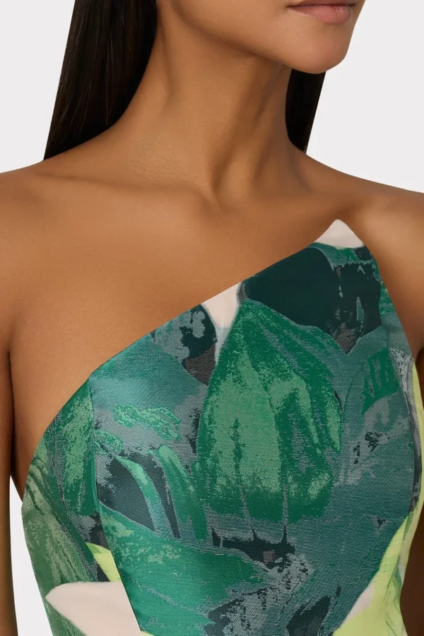 Cocktail Dresses-MILLY Asymetrical Tropical Forest Jacquard Midi Dress Green Multi