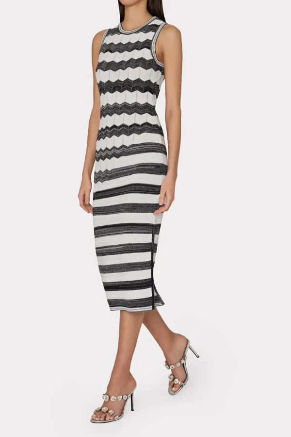 asymetrical_zig_zag_midi__2-3.webp Day Dresses-MILLY Asymetrical Zig Zag Midi Dress Black/Ecru