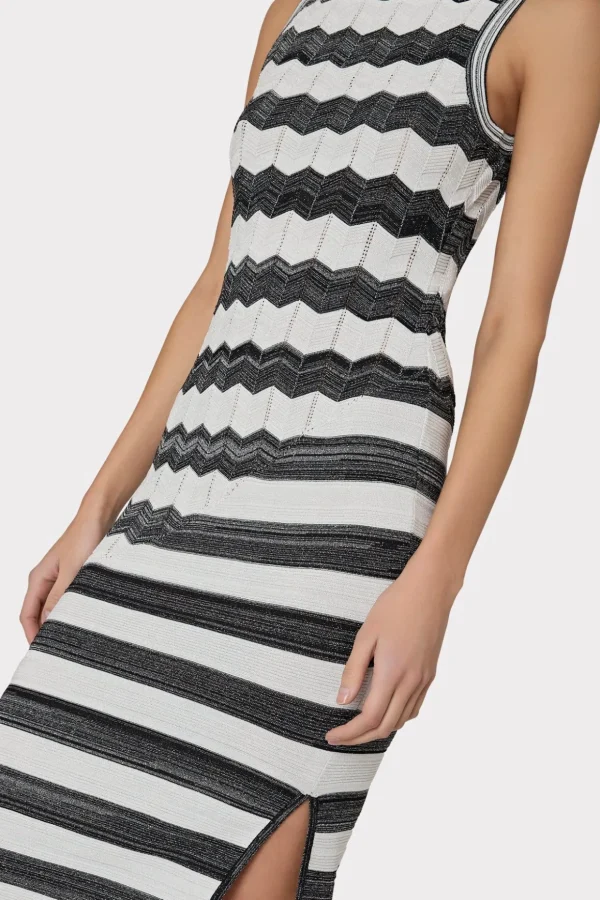 asymetrical_zig_zag_midi__3-3.webp Day Dresses-MILLY Asymetrical Zig Zag Midi Dress Black/Ecru