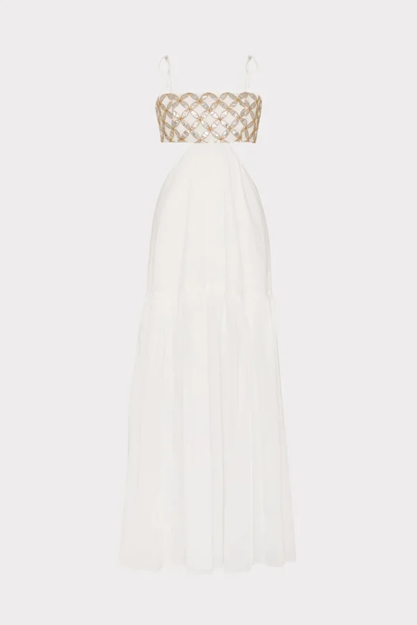 Cover-Ups-MILLY Atalia Mirrored Embroidery Maxi Cover-Up Dress White/Gold