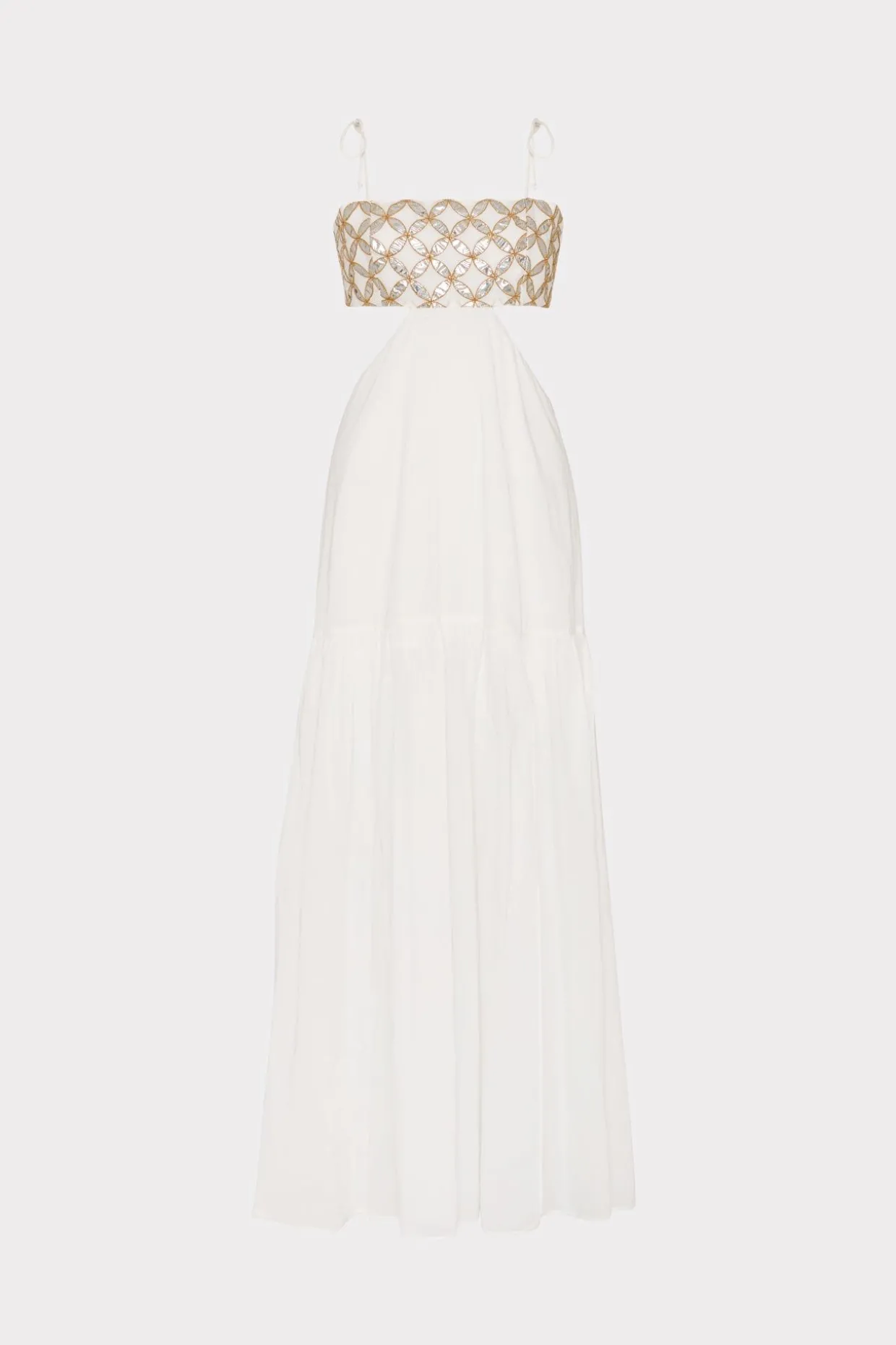 Cover-Ups-MILLY Atalia Mirrored Embroidery Maxi Cover-Up Dress White/Gold