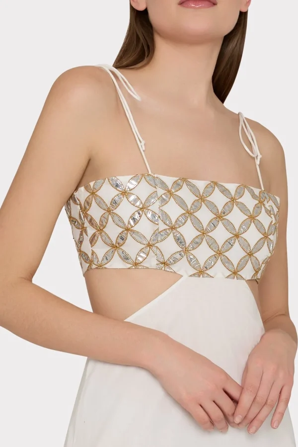 Cover-Ups-MILLY Atalia Mirrored Embroidery Maxi Cover-Up Dress White/Gold