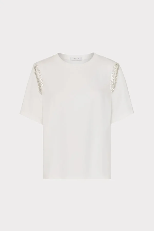Jumpsuits & Rompers-MILLY Avril Crystal Trim Tee White