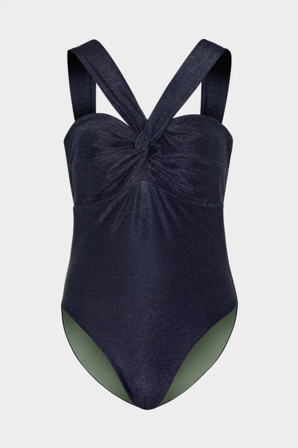One Piece Swimsuits-MILLY Betsy Bandeau Shimmer One Piece Navy