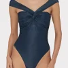 One Piece Swimsuits-MILLY Betsy Bandeau Shimmer One Piece Navy