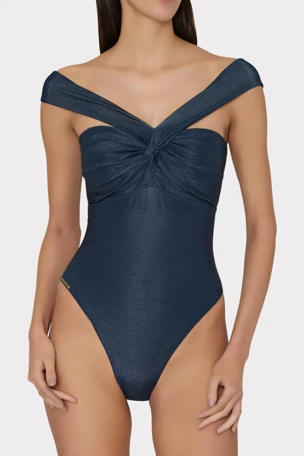 One Piece Swimsuits-MILLY Betsy Bandeau Shimmer One Piece Navy