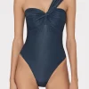 One Piece Swimsuits-MILLY Betsy Bandeau Shimmer One Piece Navy