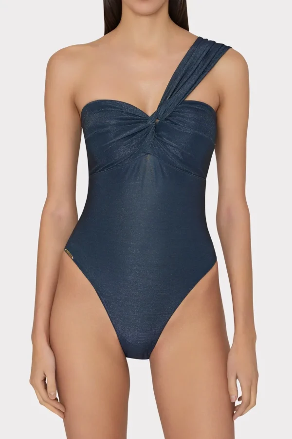 One Piece Swimsuits-MILLY Betsy Bandeau Shimmer One Piece Navy