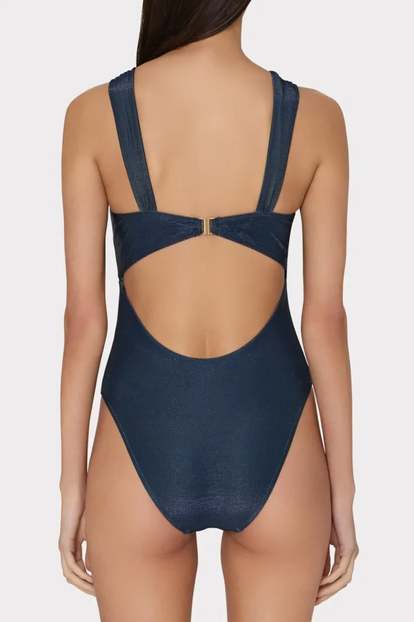 One Piece Swimsuits-MILLY Betsy Bandeau Shimmer One Piece Navy