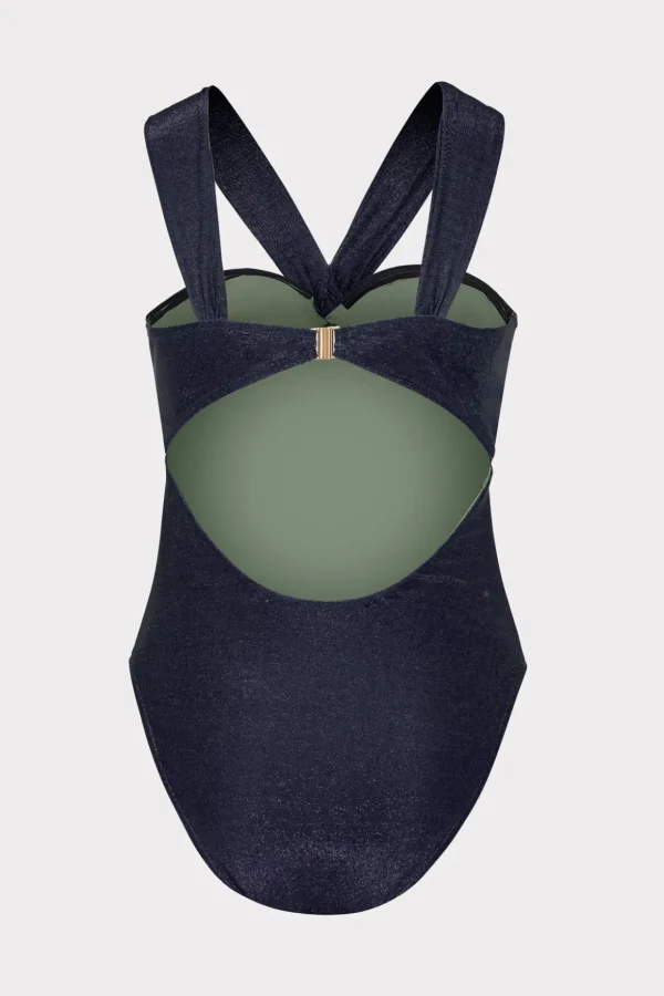 One Piece Swimsuits-MILLY Betsy Bandeau Shimmer One Piece Navy