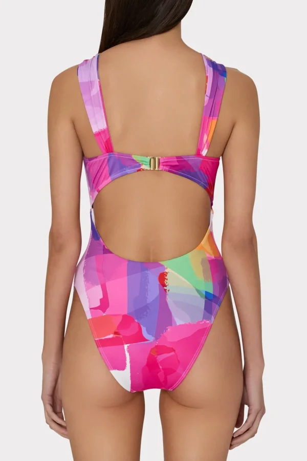 One Piece Swimsuits-MILLY Betsy Rainbow Waterfall Draped Bandeau One Piece Multi