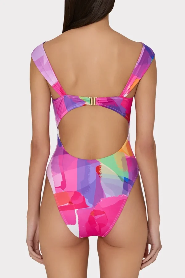 One Piece Swimsuits-MILLY Betsy Rainbow Waterfall Draped Bandeau One Piece Multi