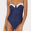 One Piece Swimsuits-MILLY Color Block Ruched One Piece Navy/White