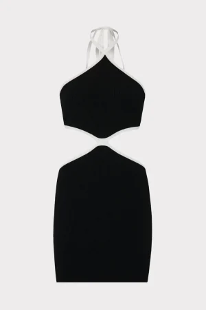 Knit Dresses-MILLY Contrast Trim Halter Mini Dress Black/Ecru