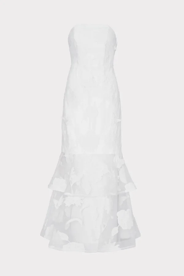 Maxi Dresses-MILLY 3D Butterfly Embroidery Strapless Dress White