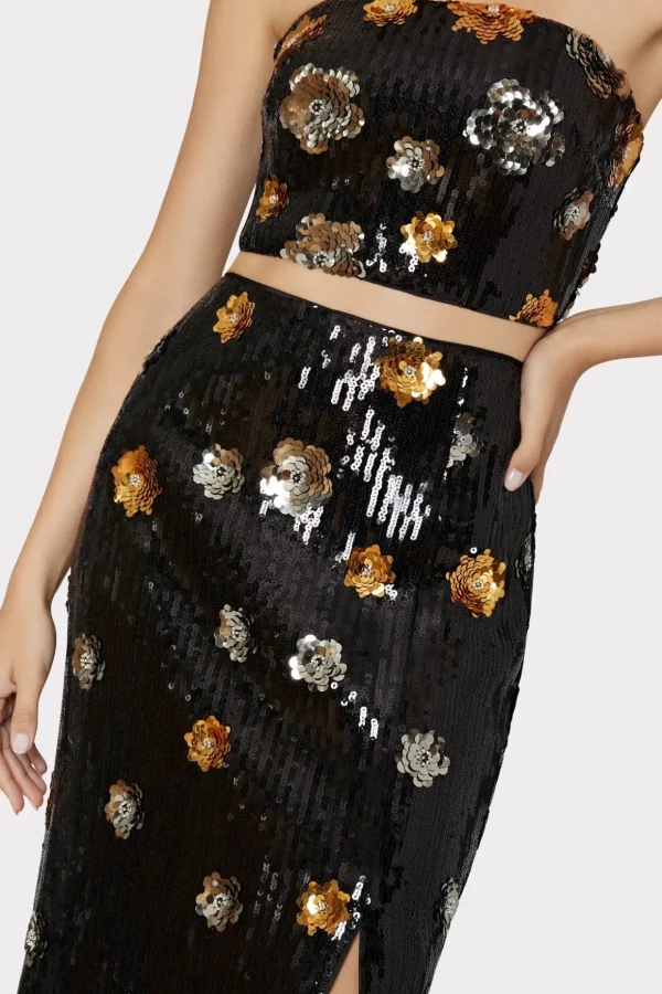 Tops-MILLY 3D Floral Sequins Strapless Top Black Multi