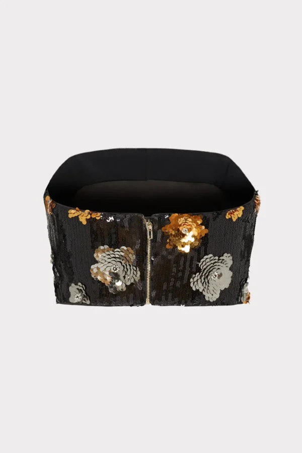 Tops-MILLY 3D Floral Sequins Strapless Top Black Multi