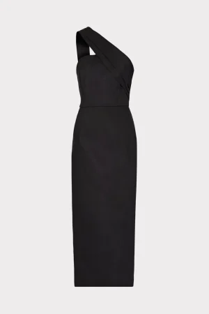draped_one_shoulder_linen_0-4.webp Little Black Dresses-MILLY Draped One Shoulder Linen Dress Black