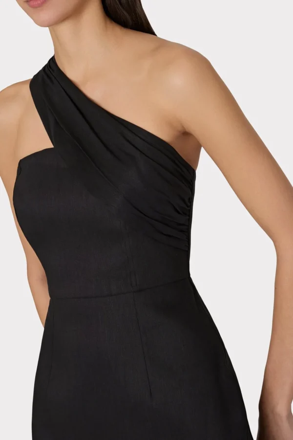 Guest Of Dresses-MILLY Draped One Shoulder Linen Dress Black