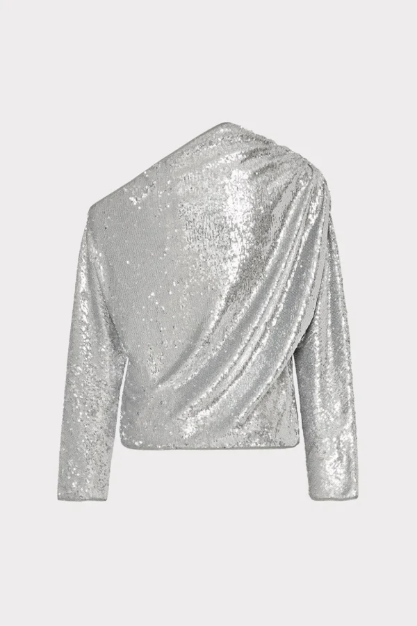Tops-MILLY Draped One Shoulder Sequins Top Silver