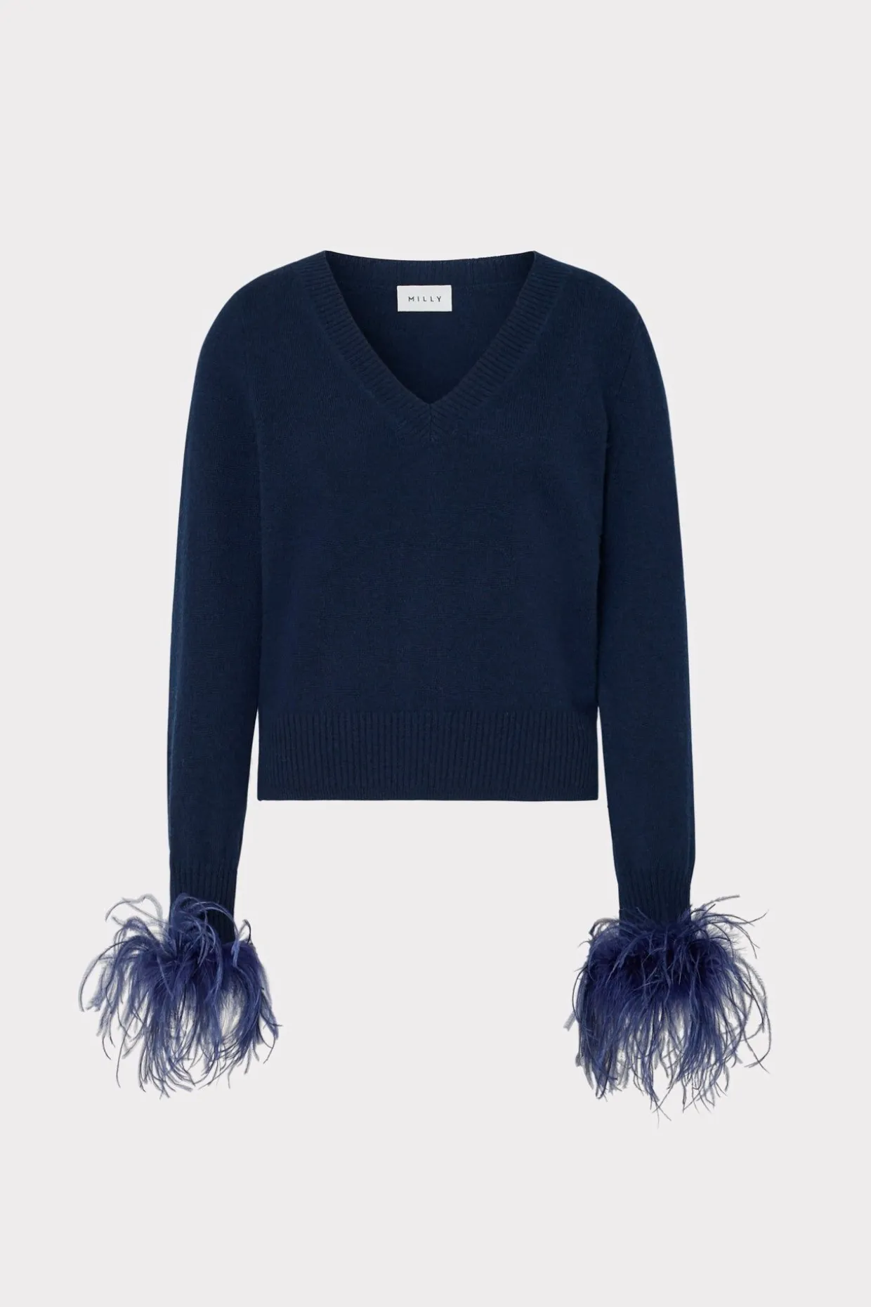 feather_cuff_vneck_sweate_0-1.webp Sweaters & Knits-MILLY Feather Cuff V-Neck Sweater Navy