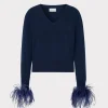 Tops-MILLY Feather Cuff V-Neck Sweater Navy