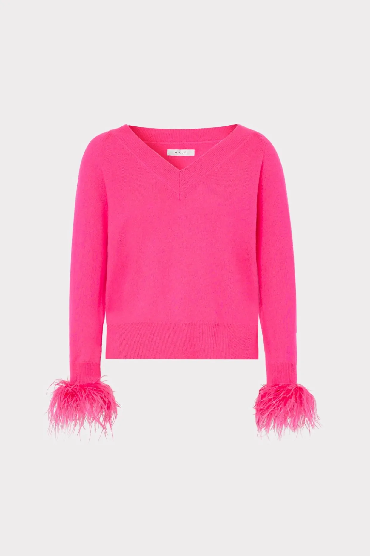 feather_cuff_vneck_sweate_0.webp Jumpsuits & Rompers-MILLY Feather Cuff V-Neck Sweater Milly Pink