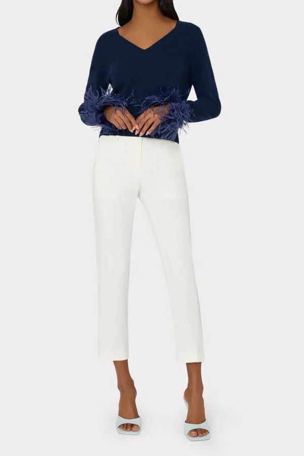 Sweaters & Knits-MILLY Feather Cuff V-Neck Sweater Navy