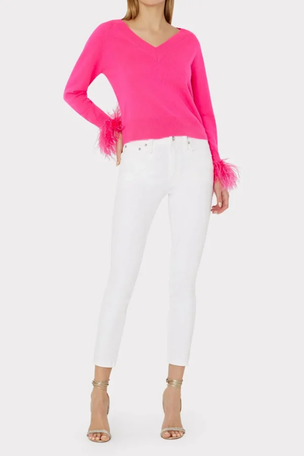 feather_cuff_vneck_sweate_1.webp Jumpsuits & Rompers-MILLY Feather Cuff V-Neck Sweater Milly Pink
