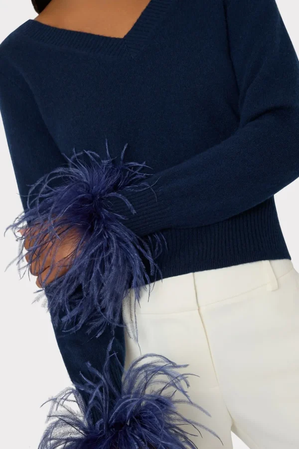 Sweaters & Knits-MILLY Feather Cuff V-Neck Sweater Navy