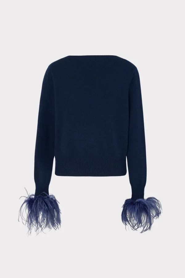 Sweaters & Knits-MILLY Feather Cuff V-Neck Sweater Navy