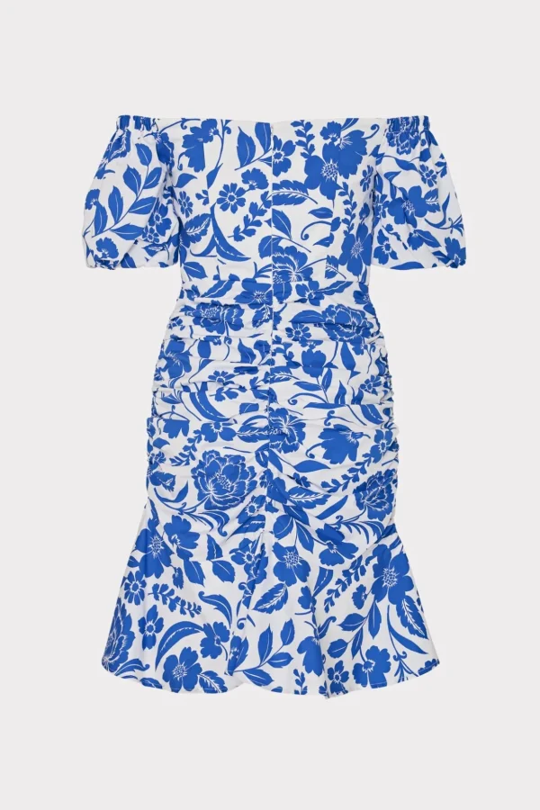 Day Dresses-MILLY Flowers Of Spain Off The Shoulder Dress Blue/White