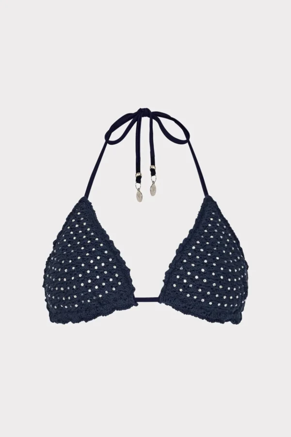 Jumpsuits & Rompers-MILLY Glimmer Crochet Bikini Top With Crystal Applique Navy