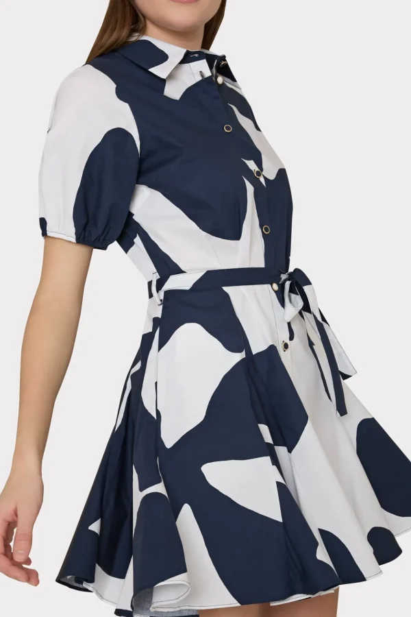 Day Dresses-MILLY Grand Foliage Poplin Dress Navy/White