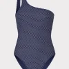 One Piece Swimsuits-MILLY Joni Textured Waves One Shoulder One Piece Navy