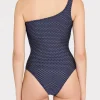 One Piece Swimsuits-MILLY Joni Textured Waves One Shoulder One Piece Navy