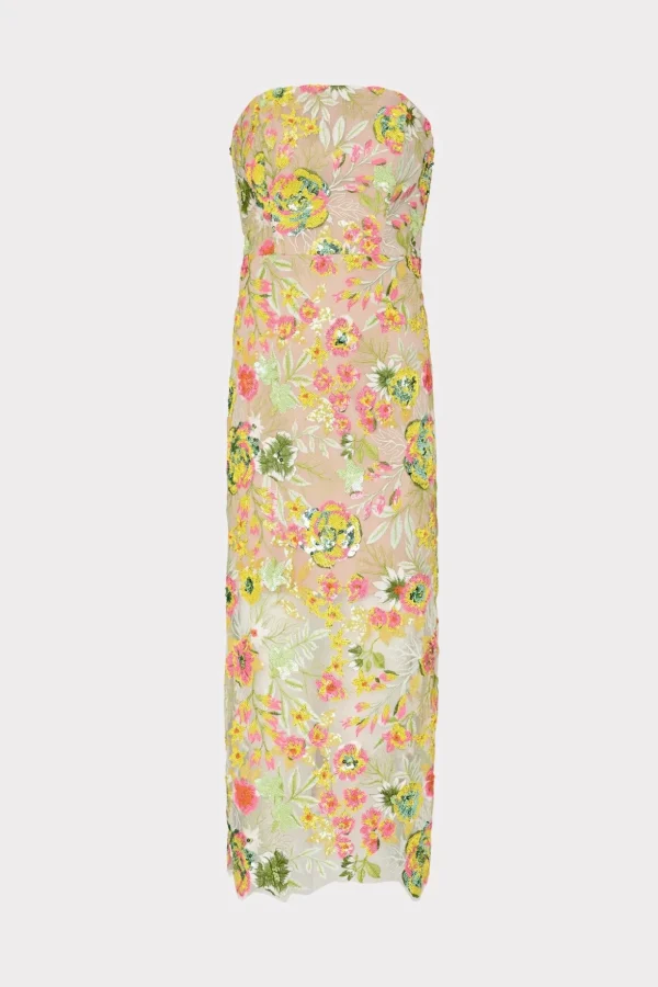 Guest Of Dresses-MILLY Kait Botanical Petals Sequins Dress Green Multi