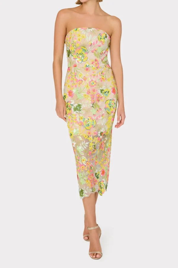 Evening Gowns-MILLY Kait Botanical Petals Sequins Dress Green Multi