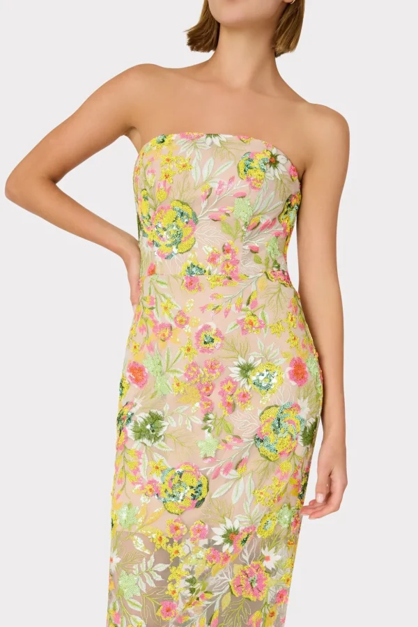Evening Gowns-MILLY Kait Botanical Petals Sequins Dress Green Multi