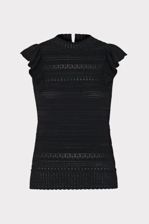Tops-MILLY Knit Pointelle Flutter Sleeve Top Black